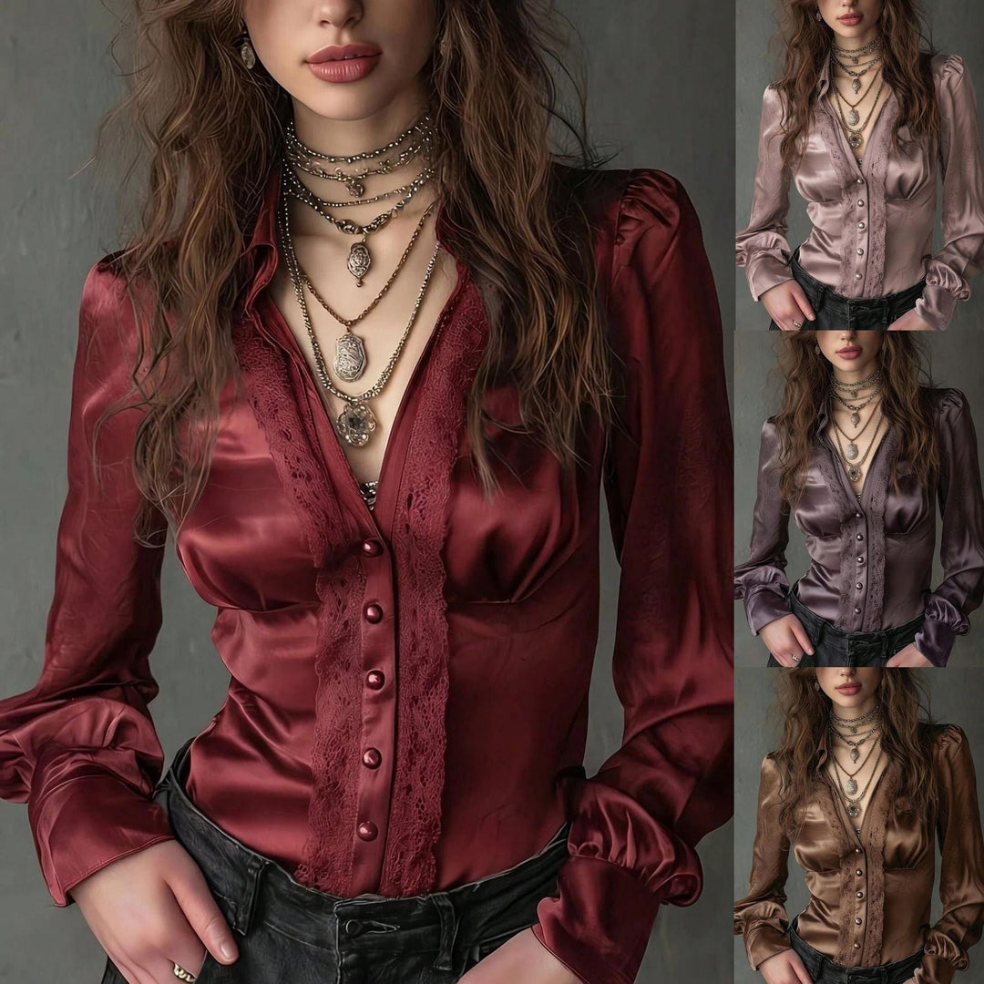 Elegante taillierte Damenbluse mit Knopfleiste und voluminösen Puffärmeln, ideal für Business & Freizeit.
