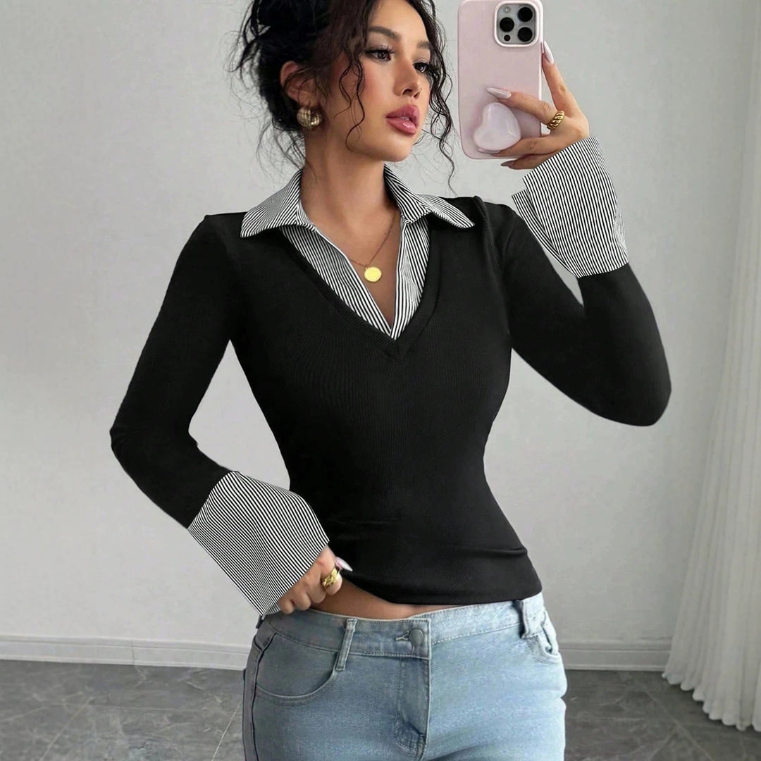 Stilvolles Business Damen Top, langärmlig, mit elegantem Hemdkragen & modischen schwarzen Kontrastmanschetten.