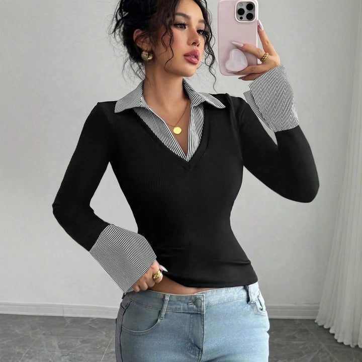 Stilvolles Business Damen Top, langärmlig, mit elegantem Hemdkragen & modischen schwarzen Kontrastmanschetten.