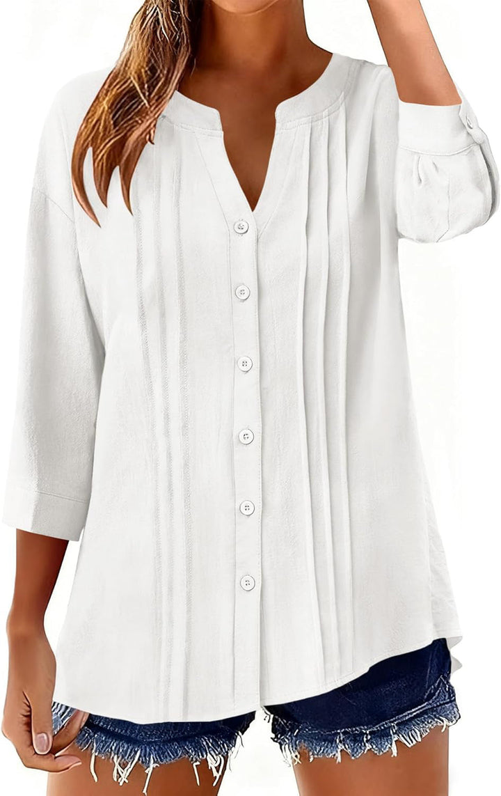 Sommerliches Damen Oberteil: bequemes Tunikashirt mit V-Ausschnitt & Kellerfalten. Dreiviertel Ärmel.