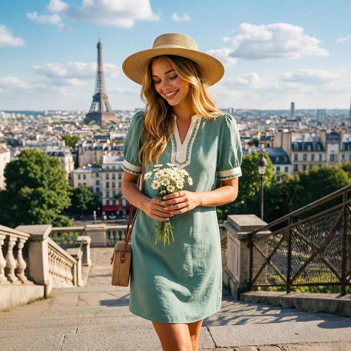 Lässiges Boho Minikleid für Damen: A-Linien-Schnitt, kurze Puffärmel, V-Ausschnitt. Perfekt als Freizeitkleid.