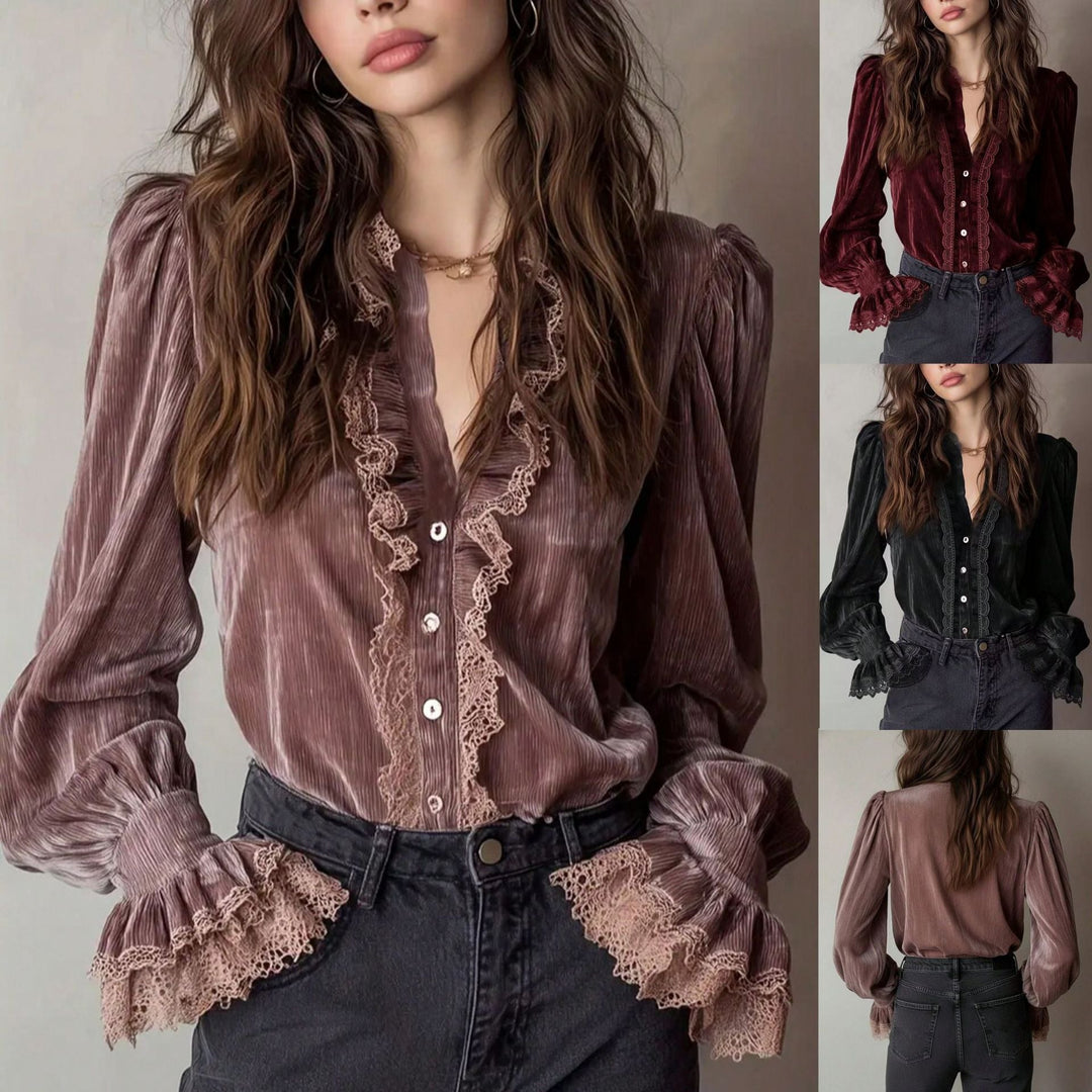 Elegante Damen Plissee-Bluse mit zarten Spitzenrüschen und stilvollen Puffärmeln für einen femininen Look.