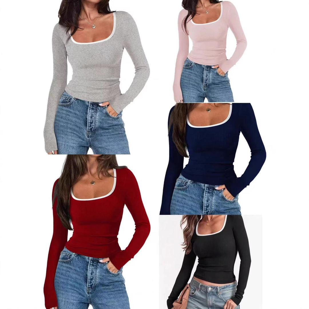 Damen Enganliegendes Longsleeve mit weitem Quadrat-Ausschnitt, ideal für elegante Business-Casual-Looks.