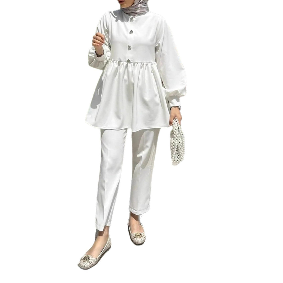 Damen Business-Hosen-Set mit eleganter Tunika, fließender Stoff, bequem & stilvoll für Büro und besondere Events.