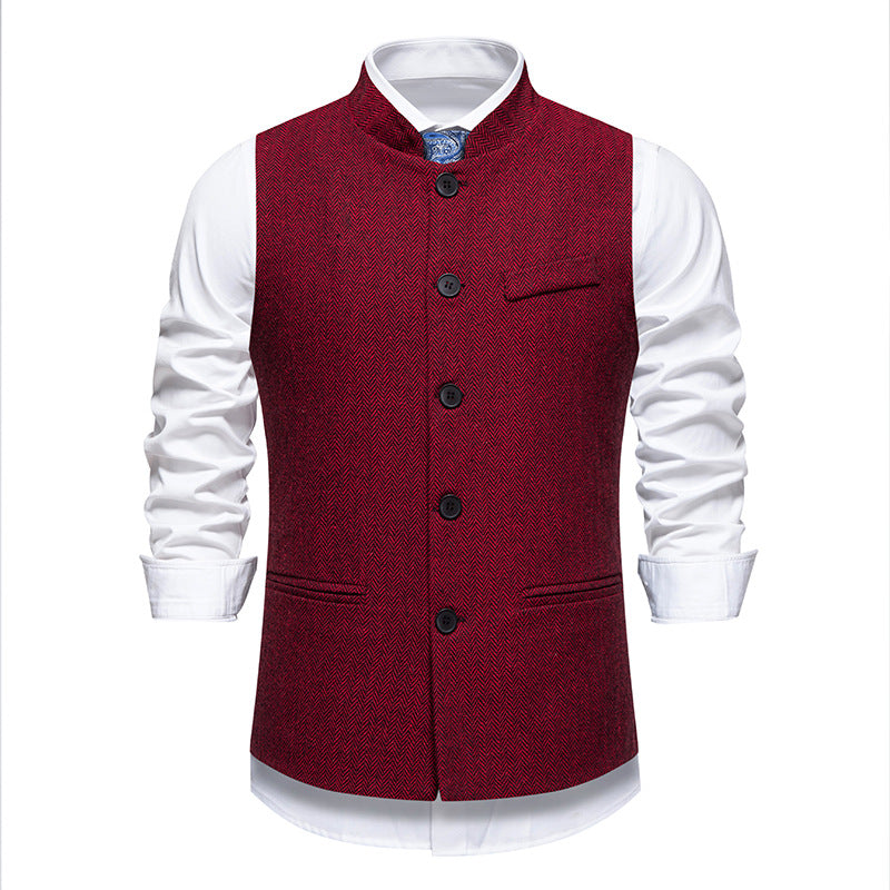 Graue Herren Anzugweste mit Stehkragen & Fischgrätmuster. Elegant für festliche Anlässe und Business-Look.
