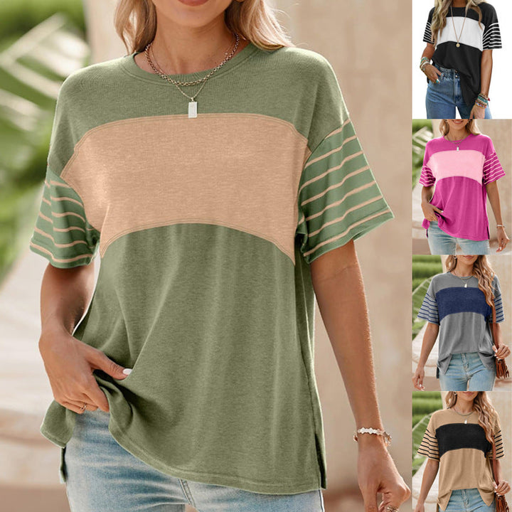 Damen Oversize-Shirt mit Kontrastpaneel, gestreiften Ärmeln & Rundhalsausschnitt. Lässiges Alltagsshirt.