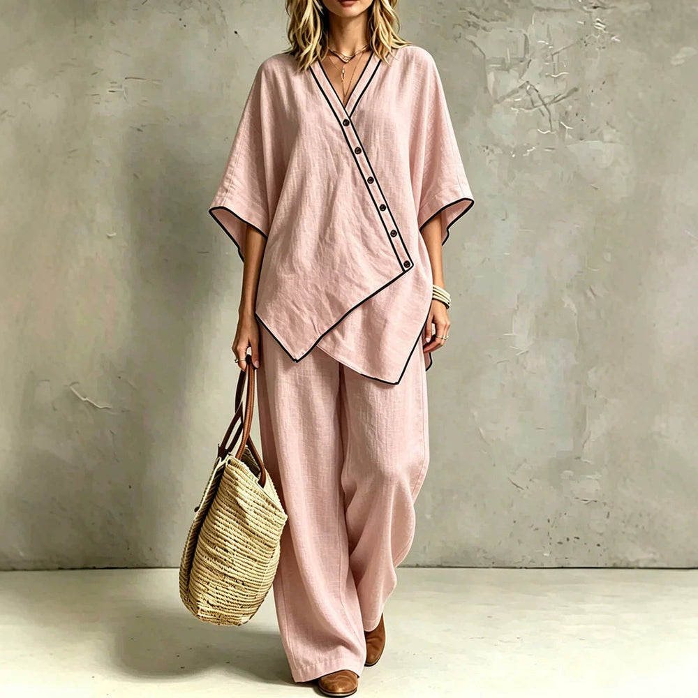 Modisches Damen Tunika-Set mit asymmetrischer Oberteil und weiter Palazzohose, ideal als Loungewear.