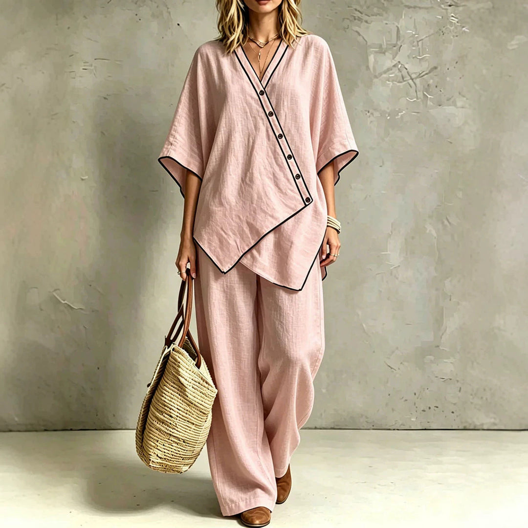 Modisches Damen Tunika-Set mit asymmetrischer Oberteil und weiter Palazzohose, ideal als Loungewear.
