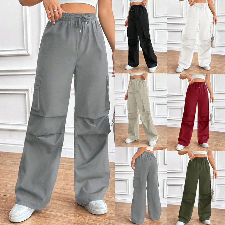 Damen Weite High-Waist Cargo-Hose mit Elastikbund, Klappentaschen. Ideal für Streetwear und Freizeit.