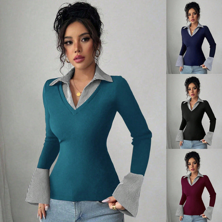 Elegantes Damen Langarm-Top mit klassischem Hemdkragen & stilvollen Kontrast-Manschetten für Business & Freizeit.