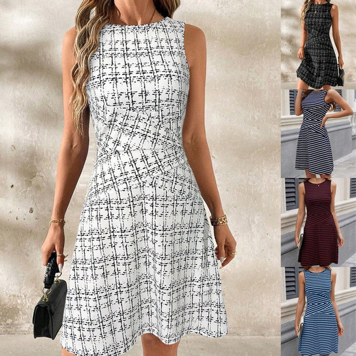 Damen A-Linien Kleid ärmellos mit elegantem Karomuster, perfekt für Büro & Freizeit.