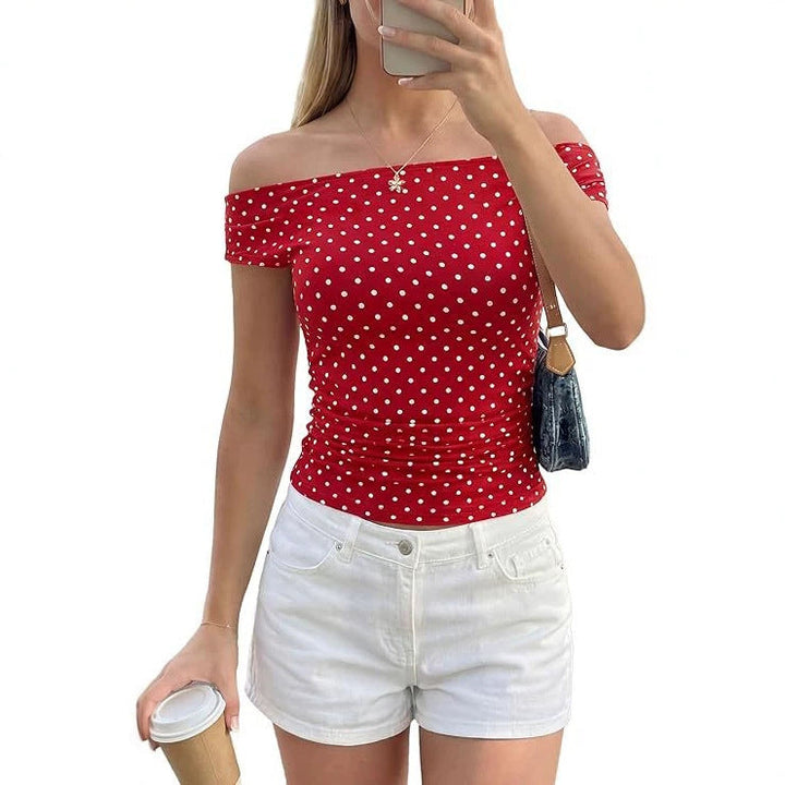 Sommerliches Damen Oberteil, schulterfrei mit klassischem Polka-Dot Muster, Casual Chic Look.