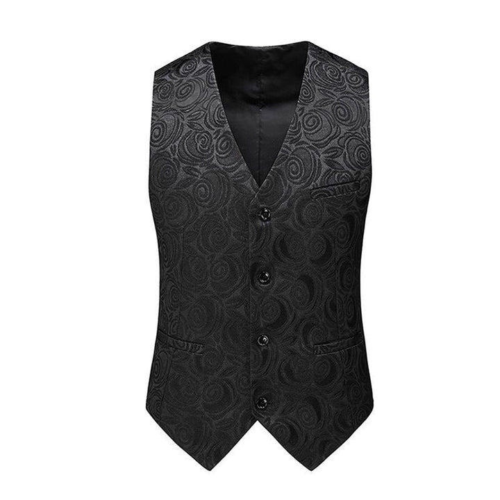 Frontansicht der Slim Fit Jacquardweste für Männer, mit detaillierten Knöpfen und Taschen.