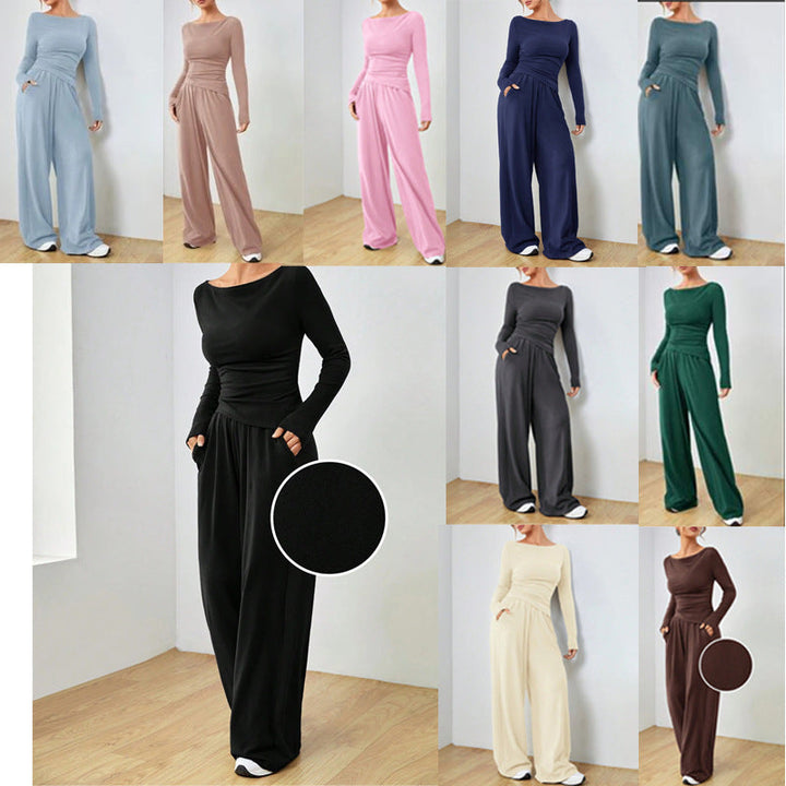 Damen Lounge Set Zweiteiler mit U-Boot-Ausschnitt & bequemer Palazzo Hose. Elegant & leger.