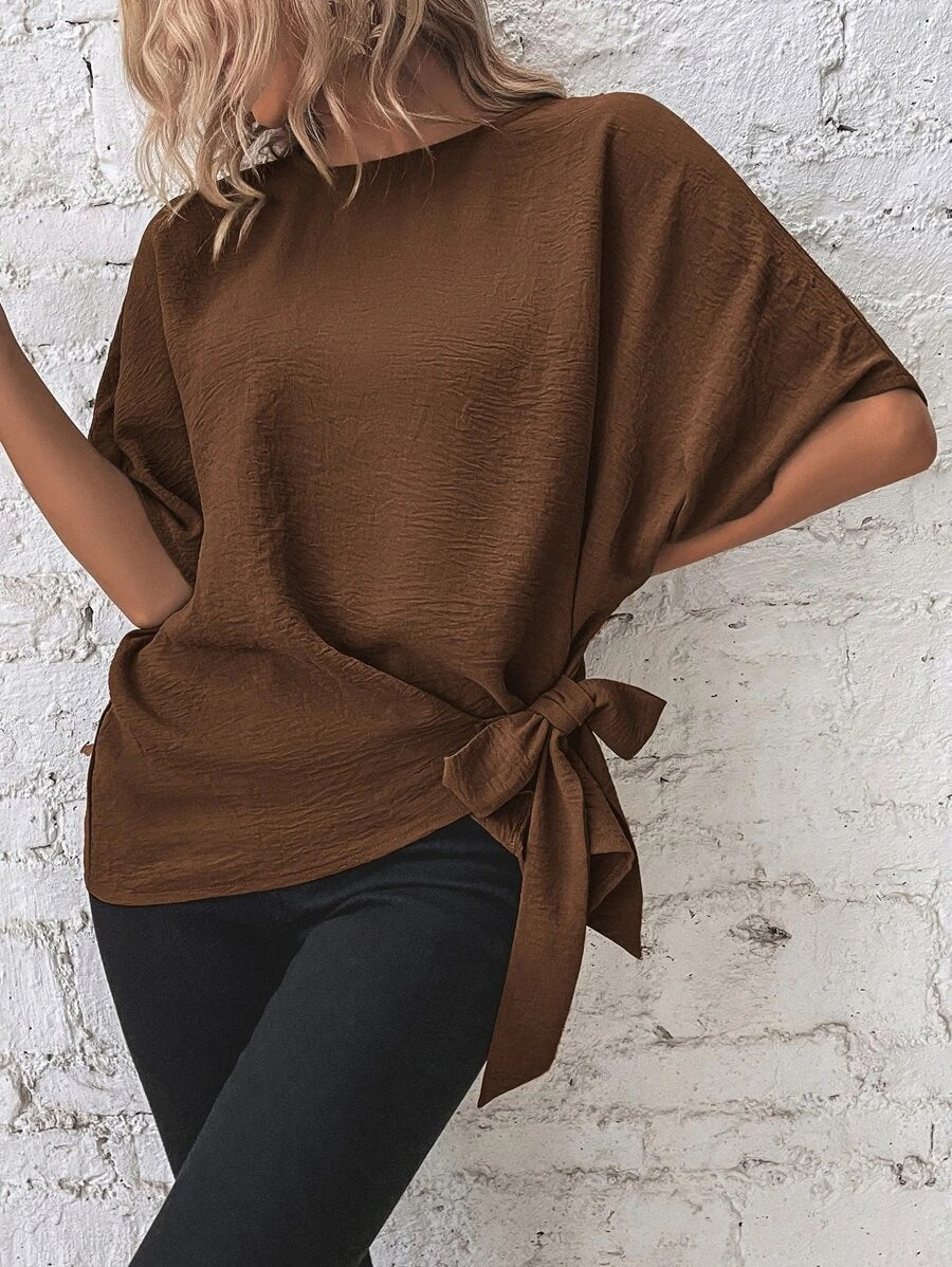 Damen Frühling/Sommer Top: Oversize Kurzarm, Crinkle-Stoff, stilvolle Schleife. Bequem & elegant für jede Gelegenheit.