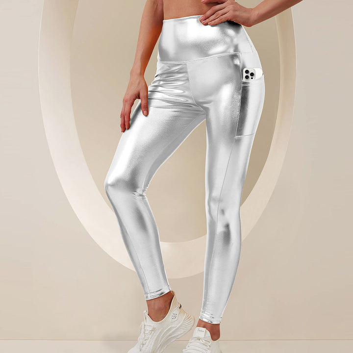Blickdichte Damen Yogahose: Glänzende High-Waist Sculpting-Leggings mit Seitentasche für optimalen Halt.