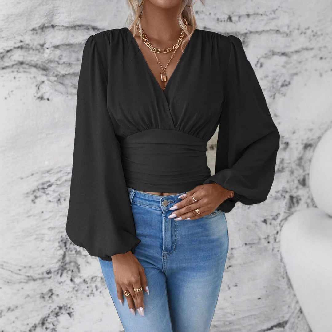 Feminines Sommer-Wickel-Cropped-Top für Damen, mit stilvollen Ballonärmeln, V-Ausschnitt & geraffter Taille.