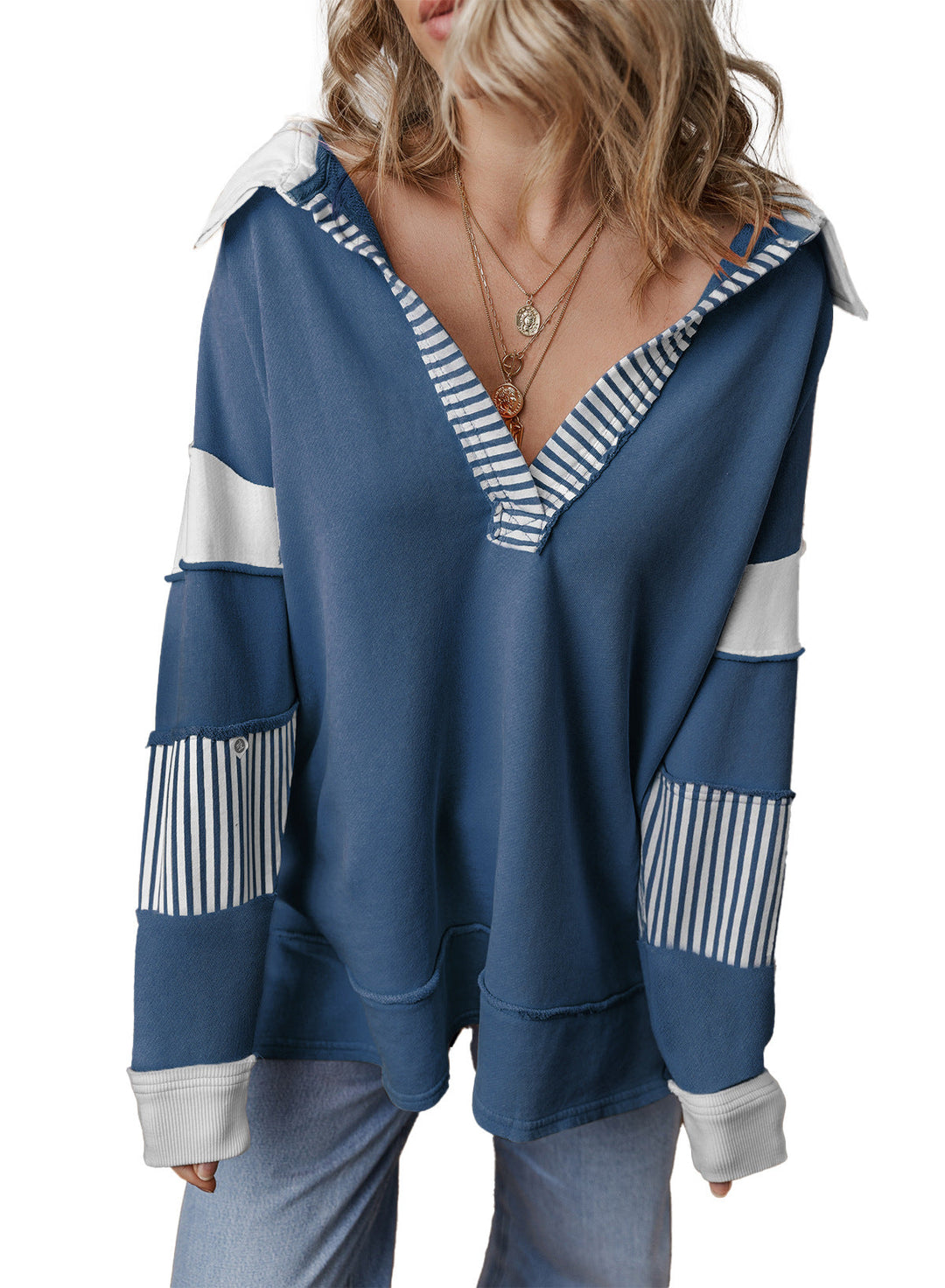 Damen Oversize Sweatshirt, V-Ausschnitt, Streifen. Stylischer & bequemer Langarm-Pullover für moderne Frauen.