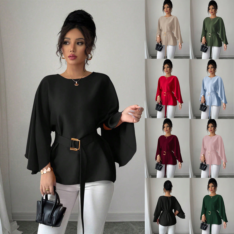 Damen Elegante Tunika mit Cape-Ärmeln und Gürtel, ideal für Business Casual oder Abendmode.