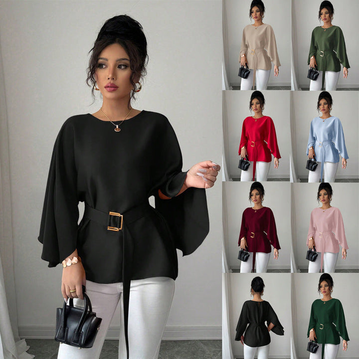 Damen Elegante Tunika mit Cape-Ärmeln und Gürtel, ideal für Business Casual oder Abendmode.