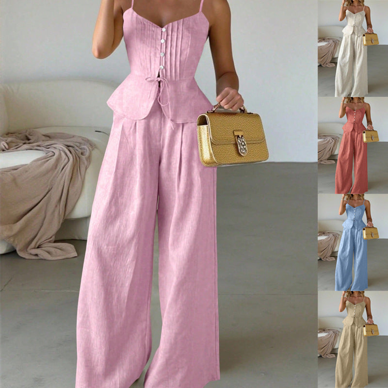 Weißes Damen Zweiteiler-Set: Elegantes Korsett-Top & weite Palazzohose für einen leichten Sommer-Freizeitlook.