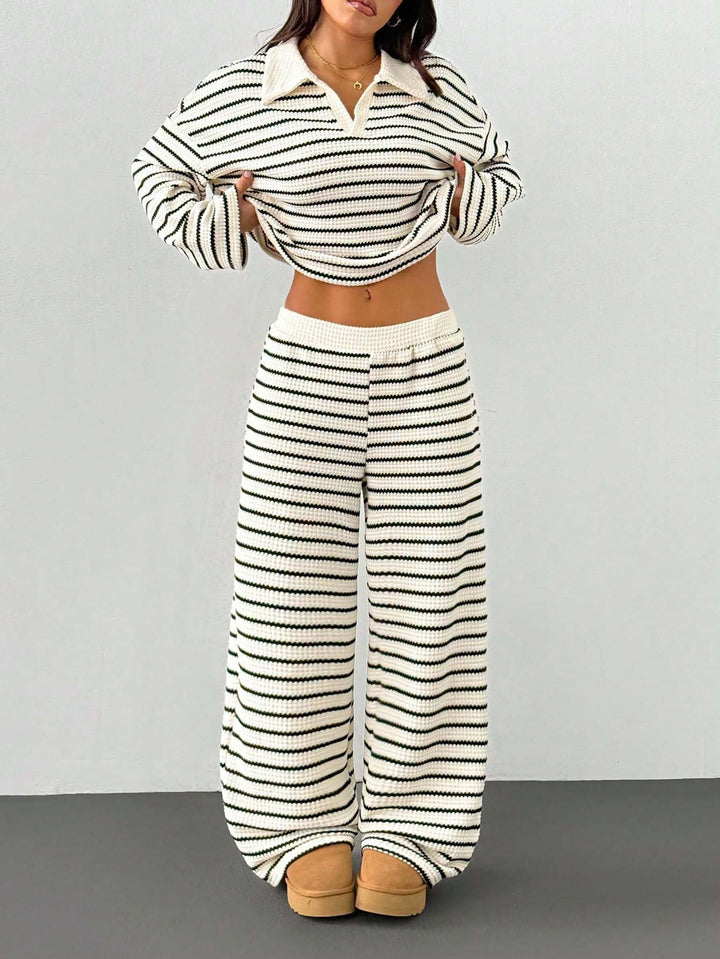 Damen Freizeit Set: Gestreiftes Polokragen-Top & bequeme Palazzo Hose. Perfekt für Komfort & Stil.