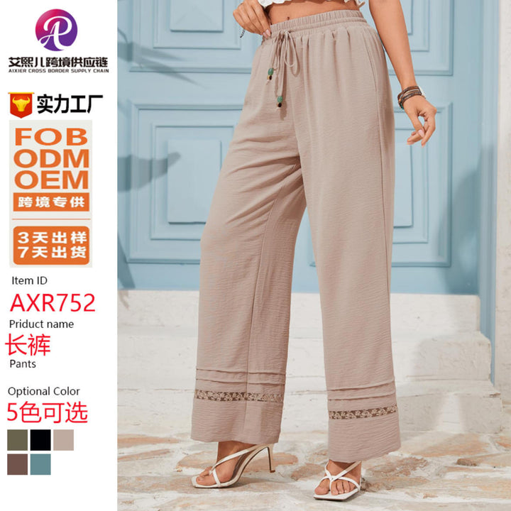 Elegante Damen Freizeithose, weites Bein, hoher Bund, Bindekordel, Spitzensaum für Sommer & Strand.