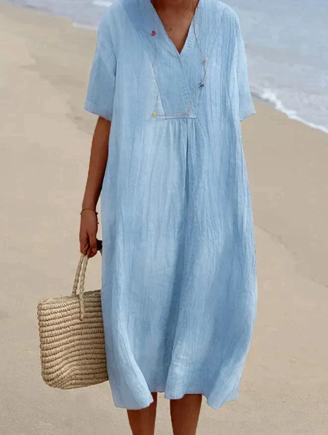 Bequemes Damen Sommerkleid Aria aus Baumwoll-Leinen in A-Linie mit V-Ausschnitt für warme Tage.