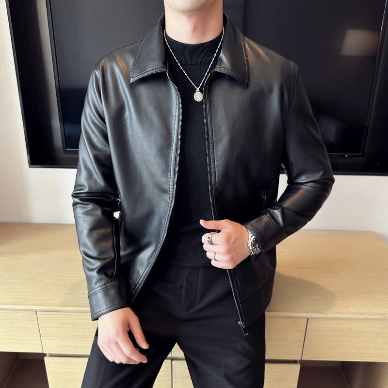 Elegante Herren-Übergangsjacke aus Leder, schwarze Farbe, ideal für Freizeit und stilvolle Herrenmode.