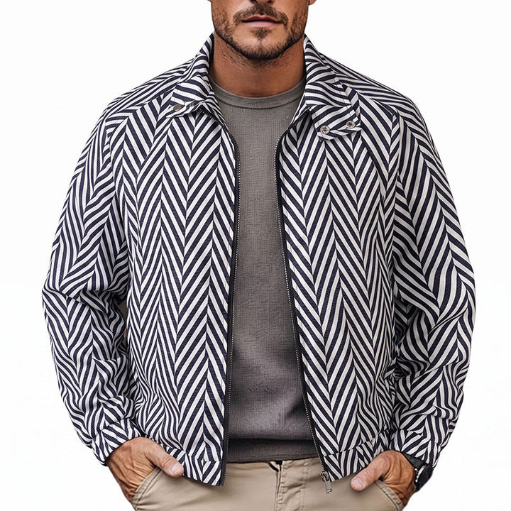 Bequeme schwarze Herrenjacke mit modischen Streifen am Ärmel. Perfekte Freizeitjacke für einen stilvollen Übergang.