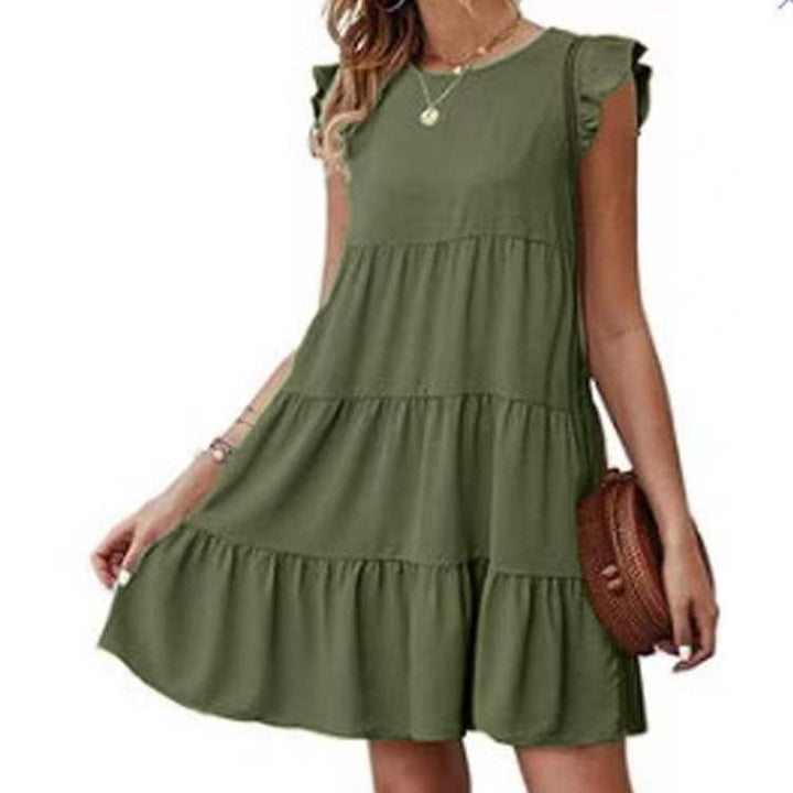 Damen Stufenkleid mit Rüschenärmeln. Bequemes A-Linien Sommerkleid, knielang, Rundhals, ideal für die Freizeit.