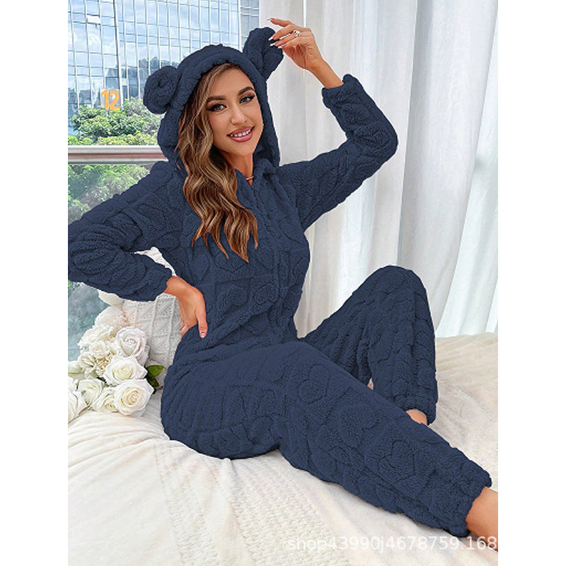Warmer Fleece-Overall für Damen, ein kuscheliger Hausanzug mit Kapuze zum Entspannen.