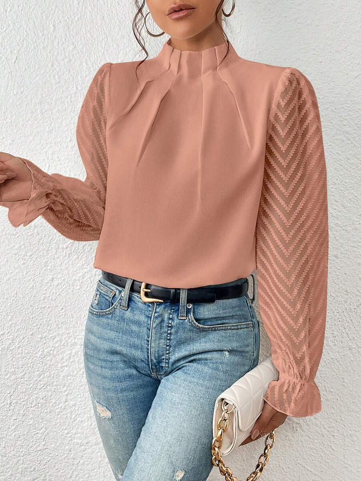 Damen-Langarm Chiffonbluse mit elegantem Stehkragen & transparenten Ärmeln, stilvolle Frühlingsmode.