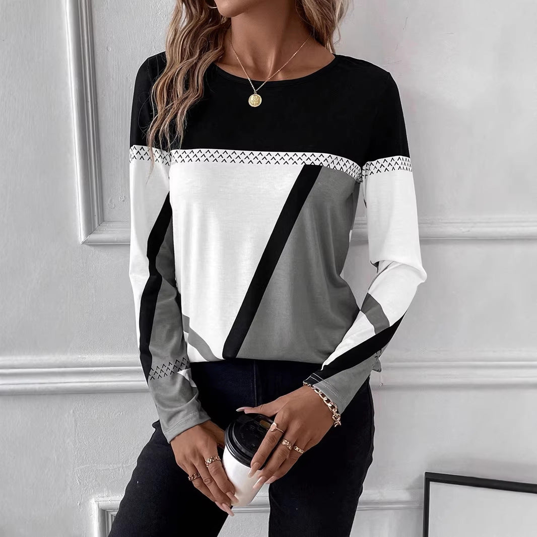 Modisches Damen Longsleeve, geometrischer Blockprint, Rundhals. Perfekt für Alltag & Freizeit.
