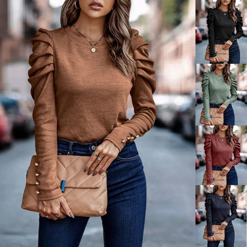 Damen Langarm-Shirt mit eleganten Puffärmeln. Bequemes Oberteil für Büro & Casual-Alltag.