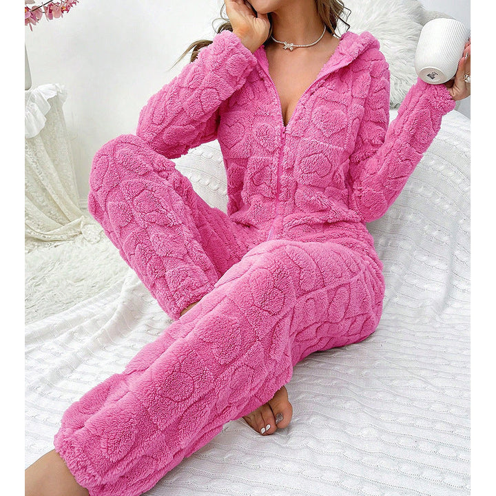 Damen Kuschel Fleece-Overall mit Kapuze, ideal für gemütliche Abende zu Hause und Entspannung.