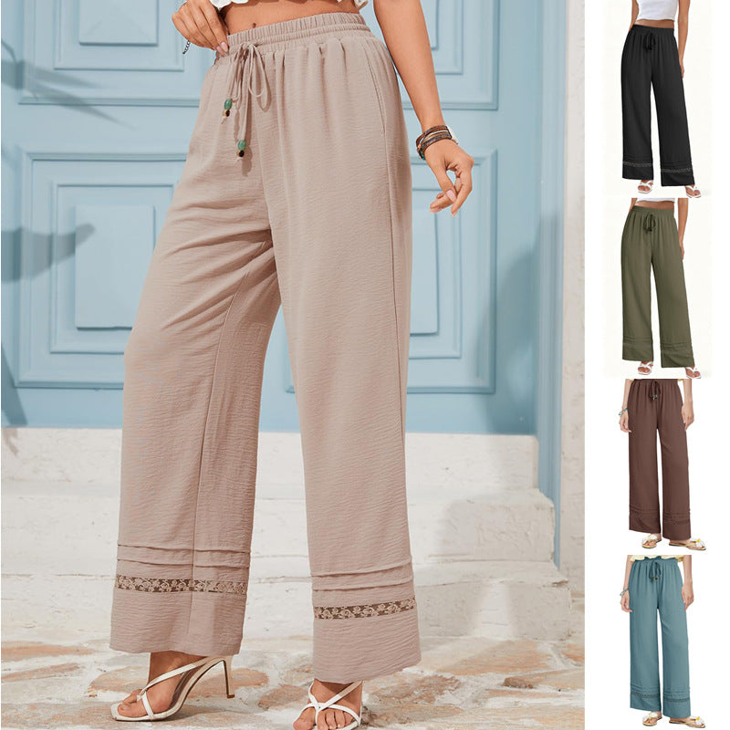 Weite Damen Sommerhose, hoher Bund, Bindekordel, zarter Spitzensaum – ideal für Urlaub & Freizeit.