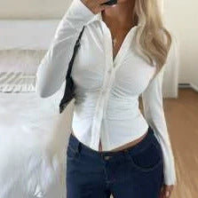 Elegante Damen Business Bluse figurnah mit Taillierung, V-Ausschnitt & schicker Raffung, perfekt für den Büroalltag.