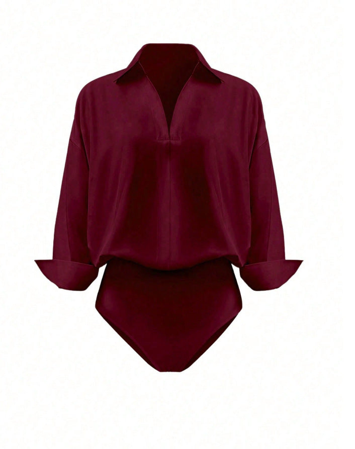 Vielseitiger Damen Hemdblusen-Body, Langarm, V-Ausschnitt, Oversize. Bequem & elegant für jeden Anlass.