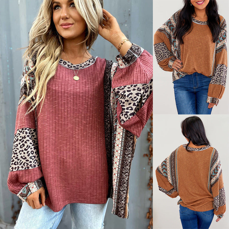 Damen Boho Patchwork Longsleeve mit Leopardenmuster & Rippenstruktur; lässiges Langarmshirt für Frühling & Herbst.