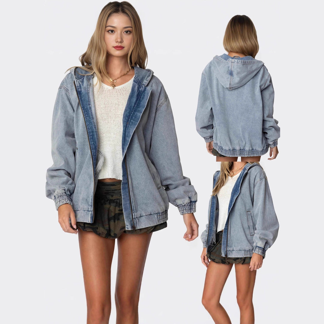Lässige Damen Oversized Kapuzen-Jeansjacke in Hellblau für Frühling & Herbst. Komfortabler Denim-Look.