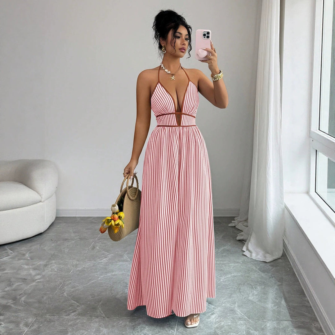 Damen gestreiftes Neckholder-Maxikleid mit V-Ausschnitt & Cut-Out, ideal für Sommer & Urlaub.