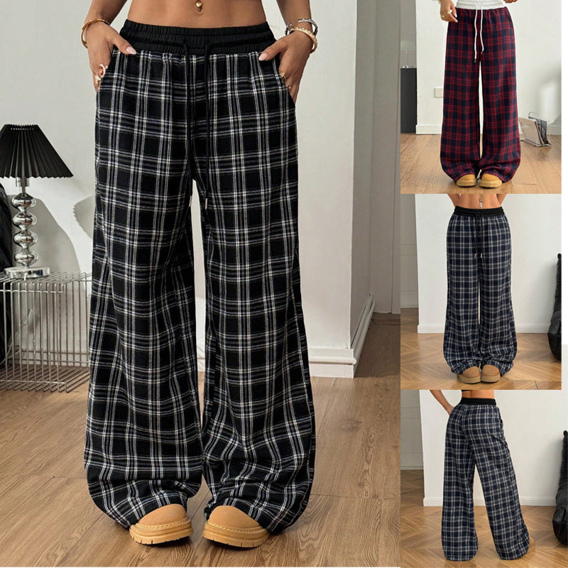 Damen weite karierte Lounge-Hose, hoher Bund, Kordelzug, bequem für Freizeit & Entspannung zuhause.