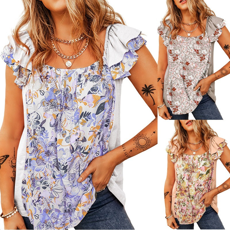 Damen ärmelloses Top mit Blumenmuster, Rüschenschultern & lockerer Passform für Sommer & Frühling.