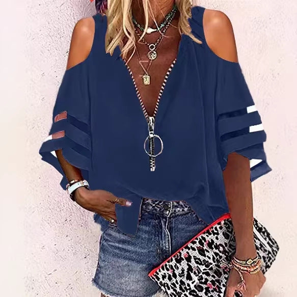 Feminine 3/4 Arm Damen Bluse mit V-Ausschnitt & modischem Ringreißverschluss, für Freizeitmode.