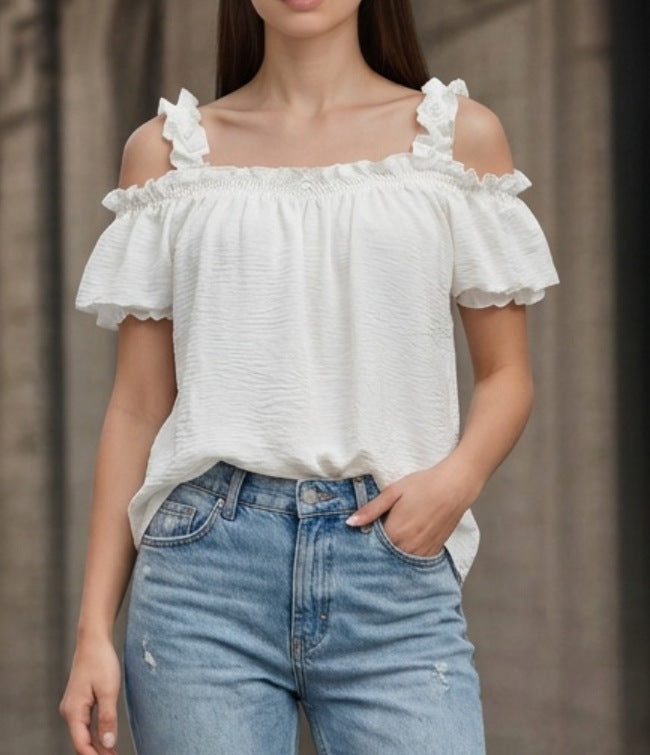 Schulterfreies Sommer Top für Frauen mit kurzen, mehrlagigen Volantärmeln, ein echter Hingucker.