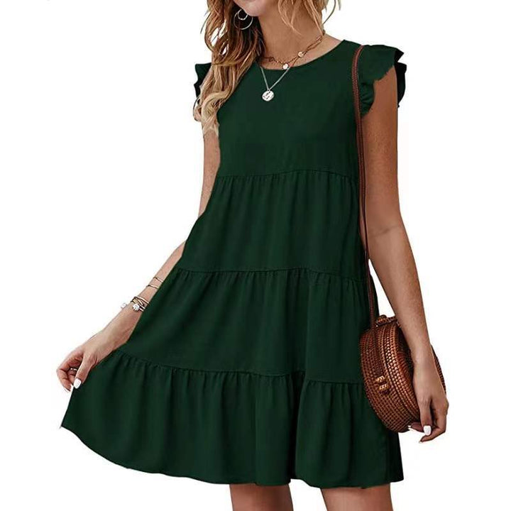 Legeres Stufenkleid für Damen mit eleganten Rüschenärmeln. Vielseitiges A-Linien-Freizeitkleid, knielang für den Sommer.