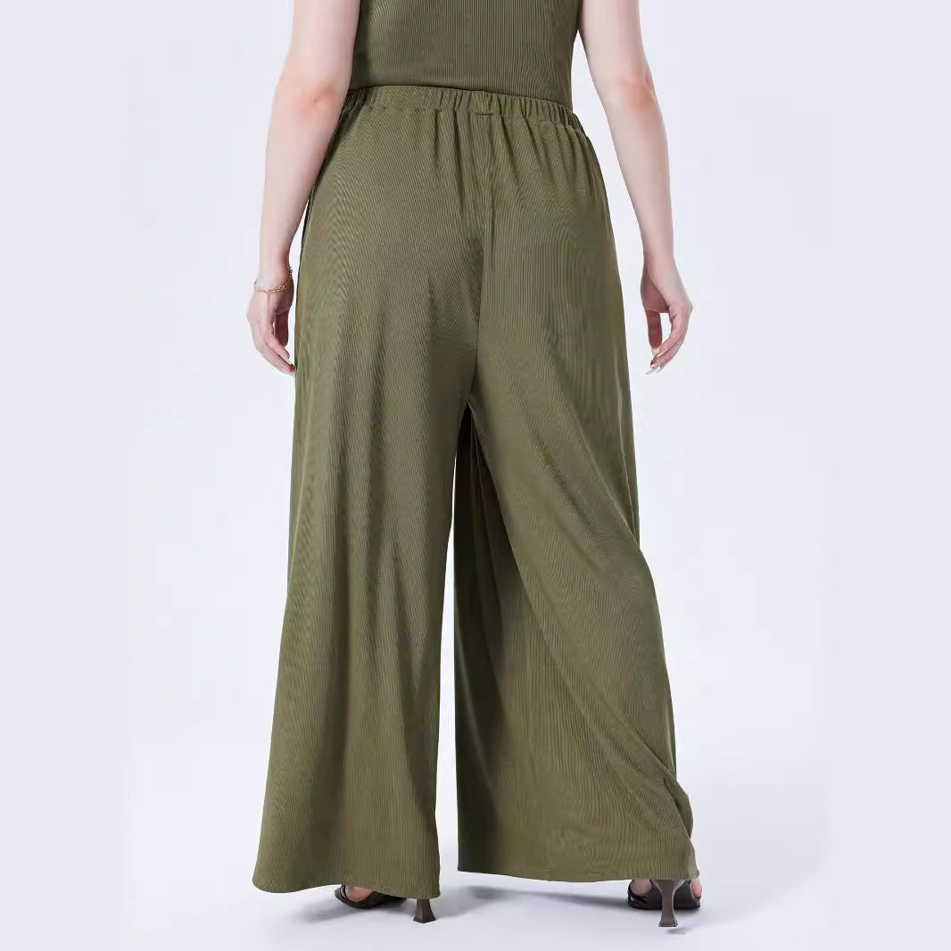 Elegante beigefarbene Palazzohose für Damen, fließender Fall, elastischer Bund, perfekt für Business & Freizeitmode.