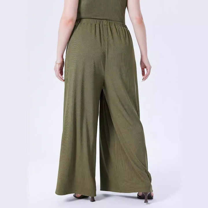Elegante beigefarbene Palazzohose für Damen, fließender Fall, elastischer Bund, perfekt für Business & Freizeitmode.