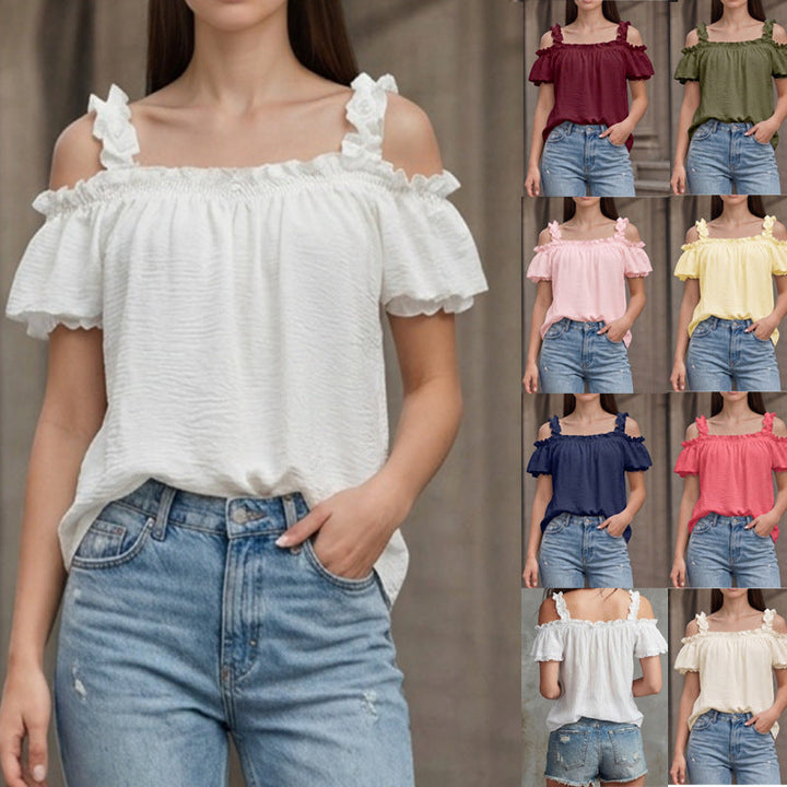 Schulterfreies Damen Sommer Top mit eleganten Volantärmeln und Smock-Bandeau. Perfekt für Freizeit.